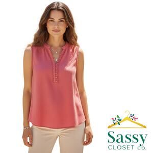 Ann Taylor Coral Sleeveless Top Button Detail Stretch Silky Knit Women’s M EUC